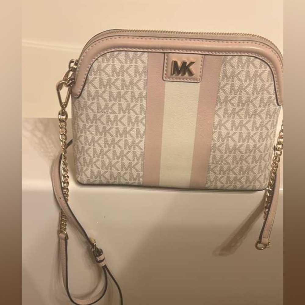 Michael Kors Cream and Pink Signature Stripe Crossbody Bag